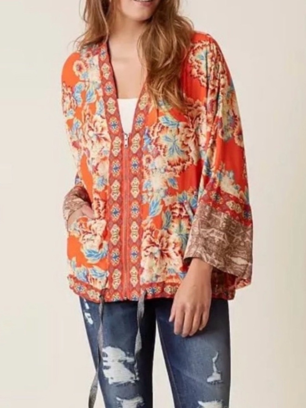 Free People Wildflower Red Orange Floral Boho Kimono Jacket M/L Zip-up w/pockets